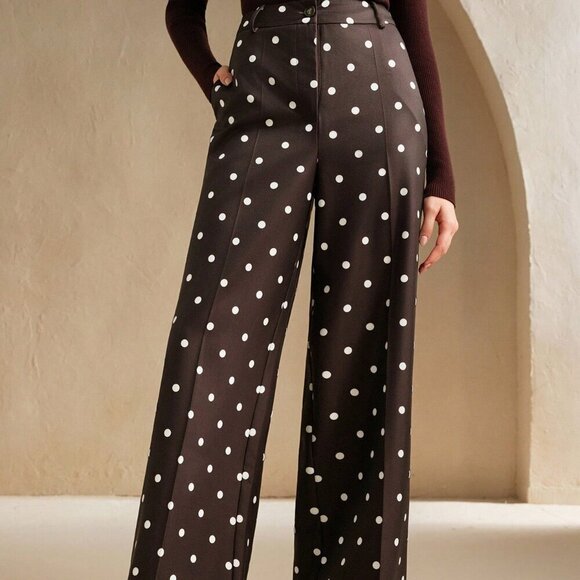 Brown Casual Women's Polka Dot High Waist Drape Suit Pants - Picture 7 of 7